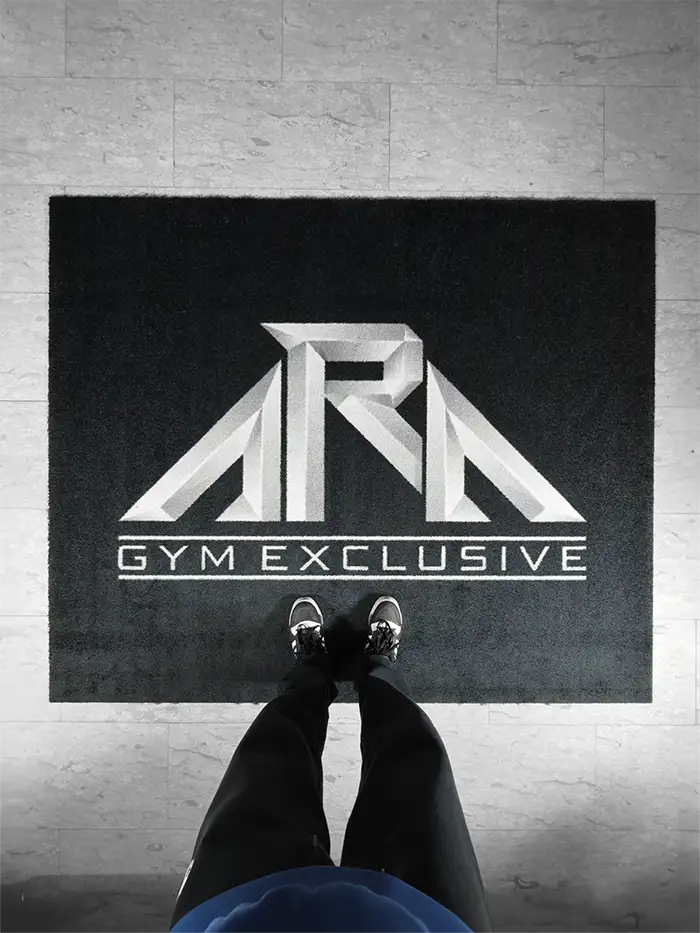 custom sized indoor logo mat with no borders and 3d looking print