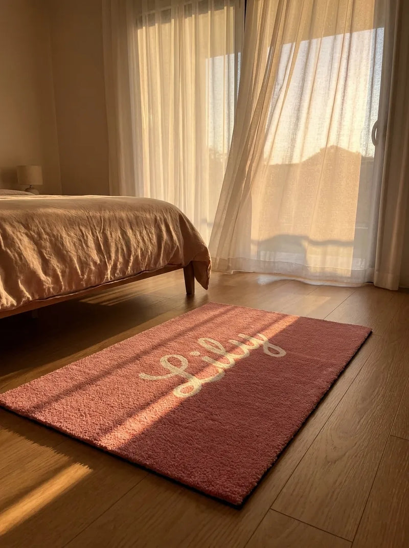 Green name mat in front of a kid's bedroom door